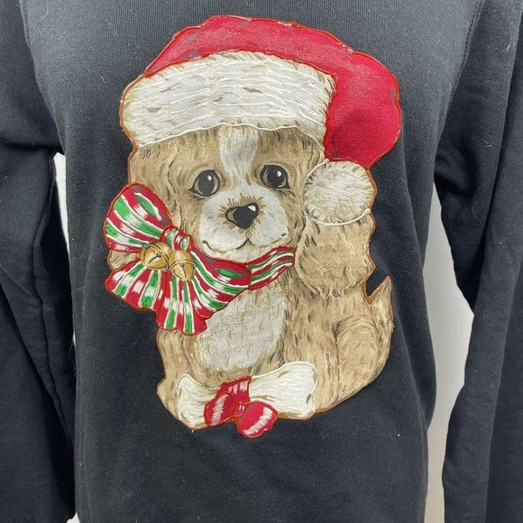 Vintage Jerzees Christmas Sweatshirt Cocker Spaniel Puppy Womens Sz M Black EUC - Picture 2 of 6